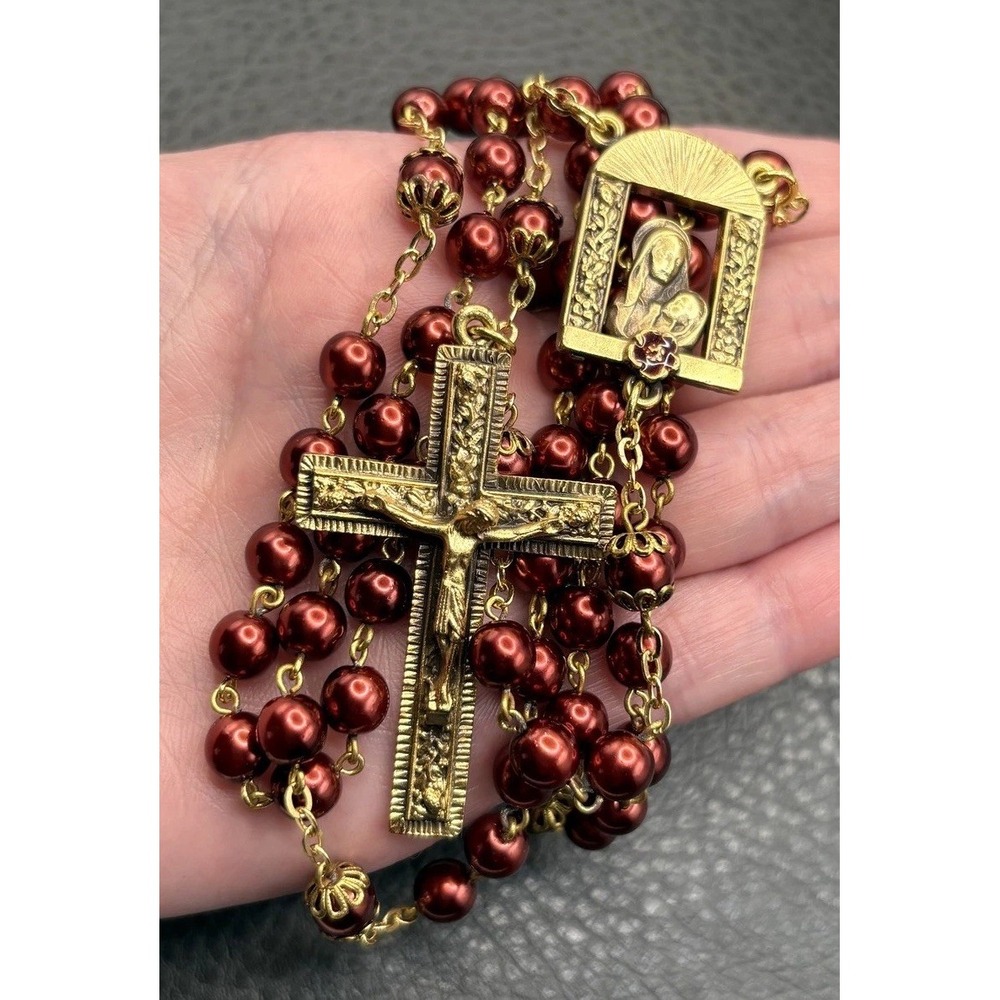 Vintage Ornate Rosary Bead Necklace Cross Red Faux Pearl Gold Tone 28"